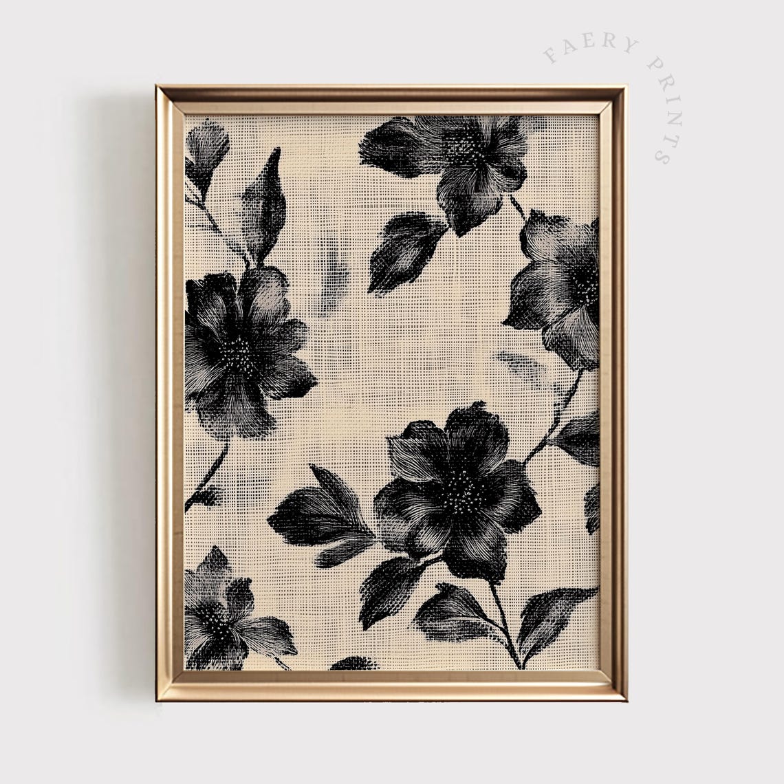 Black Floral On Beige Textile Moody Vintage Botanical Art Poster