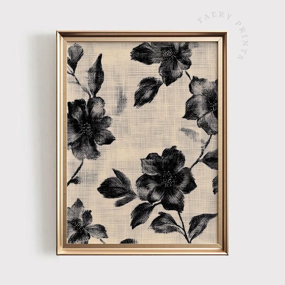 Dark Floral Tapestry Print Vintage Textile Art Moody Black Beige Decor Flower 1421
