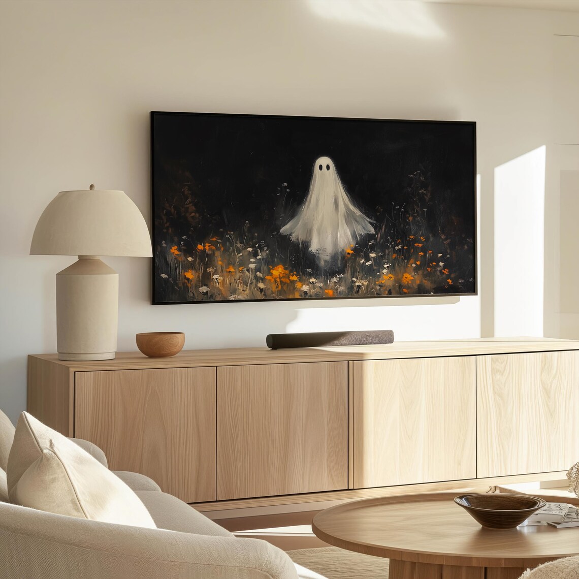 Cute Little Ghost Wildflower Field Starry Night Halloween Painting Poster - Image 2