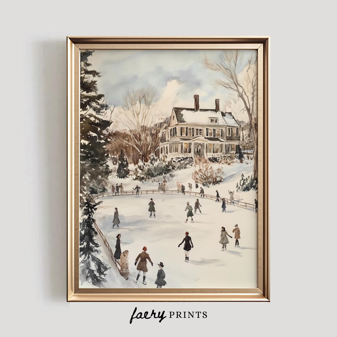 Ice Skating Winter Wonderland, Vintage Style Art Print