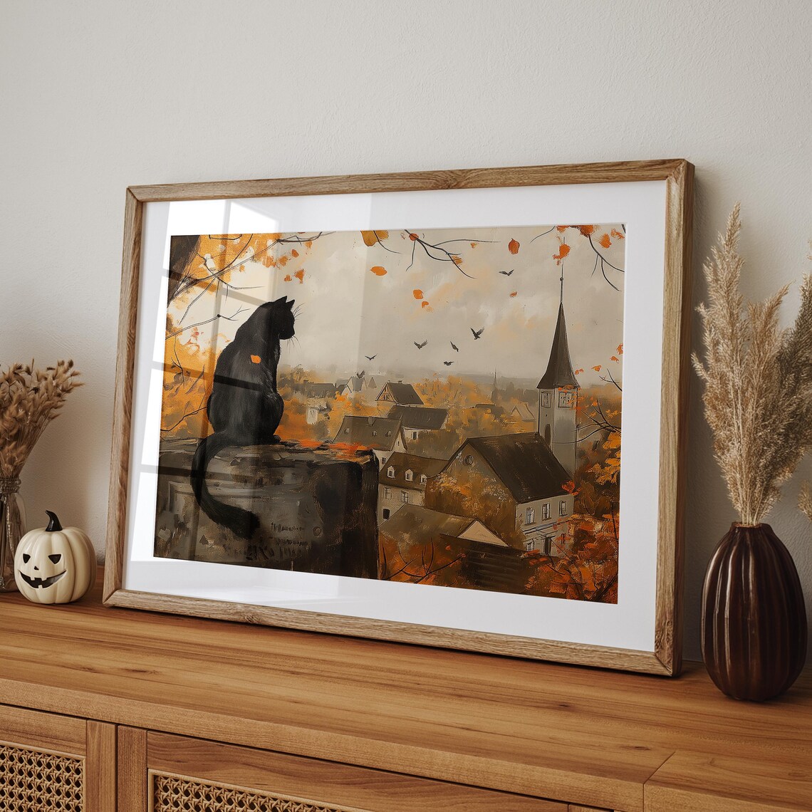 Black Cat Over Autumn Town, Cute Spooky Halloween Art Print - Image 4