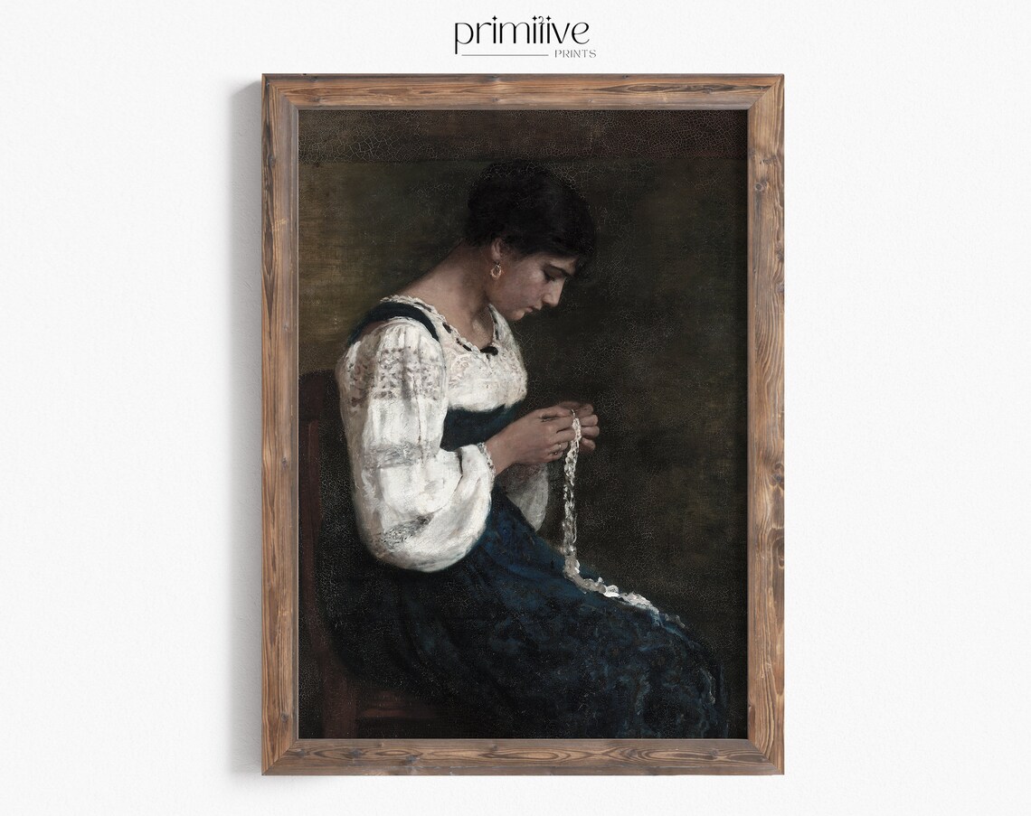 Woman Sewing Lace Folk Costume Dark Portrait Oil Painting Poster
