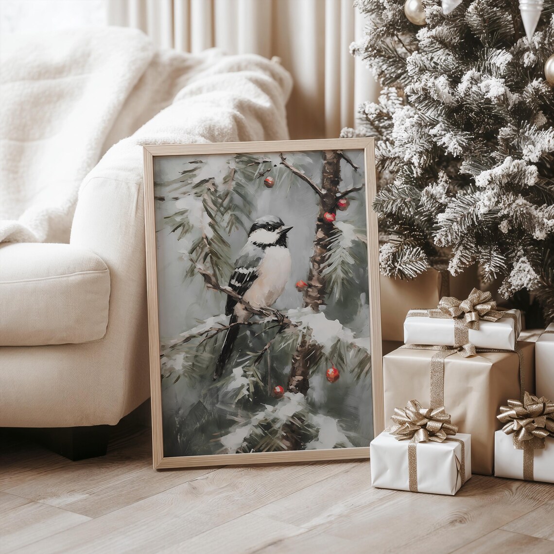 Winter Bird Berry Tree Art Print, Holiday Home Decor - Image 3