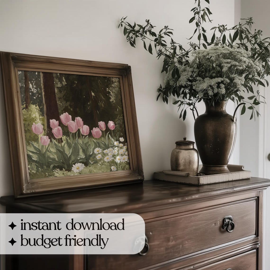 Pink Tulips and Daisies Blooming in Lush Spring Garden Art Poster - Image 5
