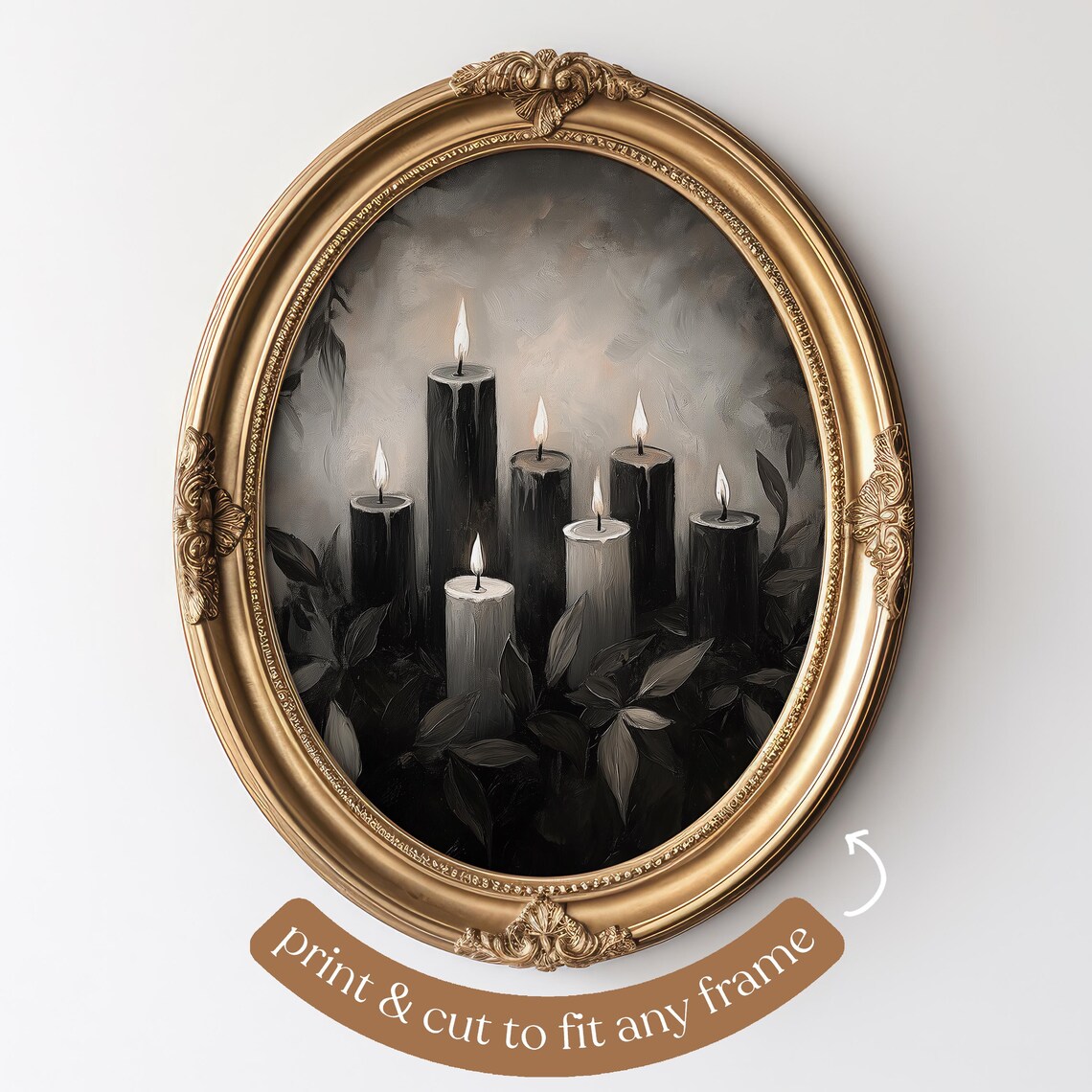 Seven Lit Candles Glowing in Dark Moody Floral Still Life Art Poster - Image 5