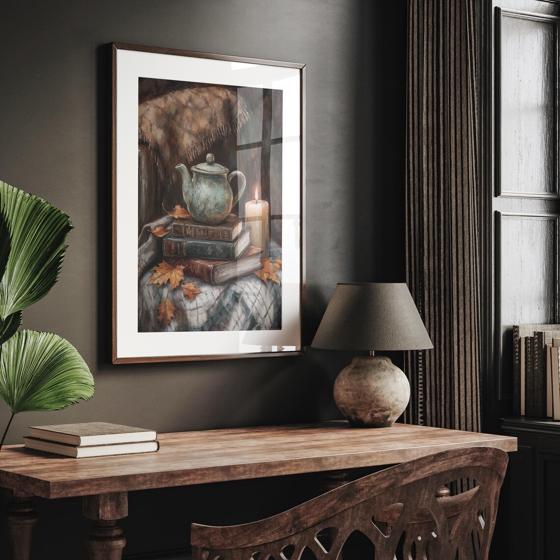 Vintage Teapot on Stack of Old Books with Candle Autumn Still Life Poster - Image 2
