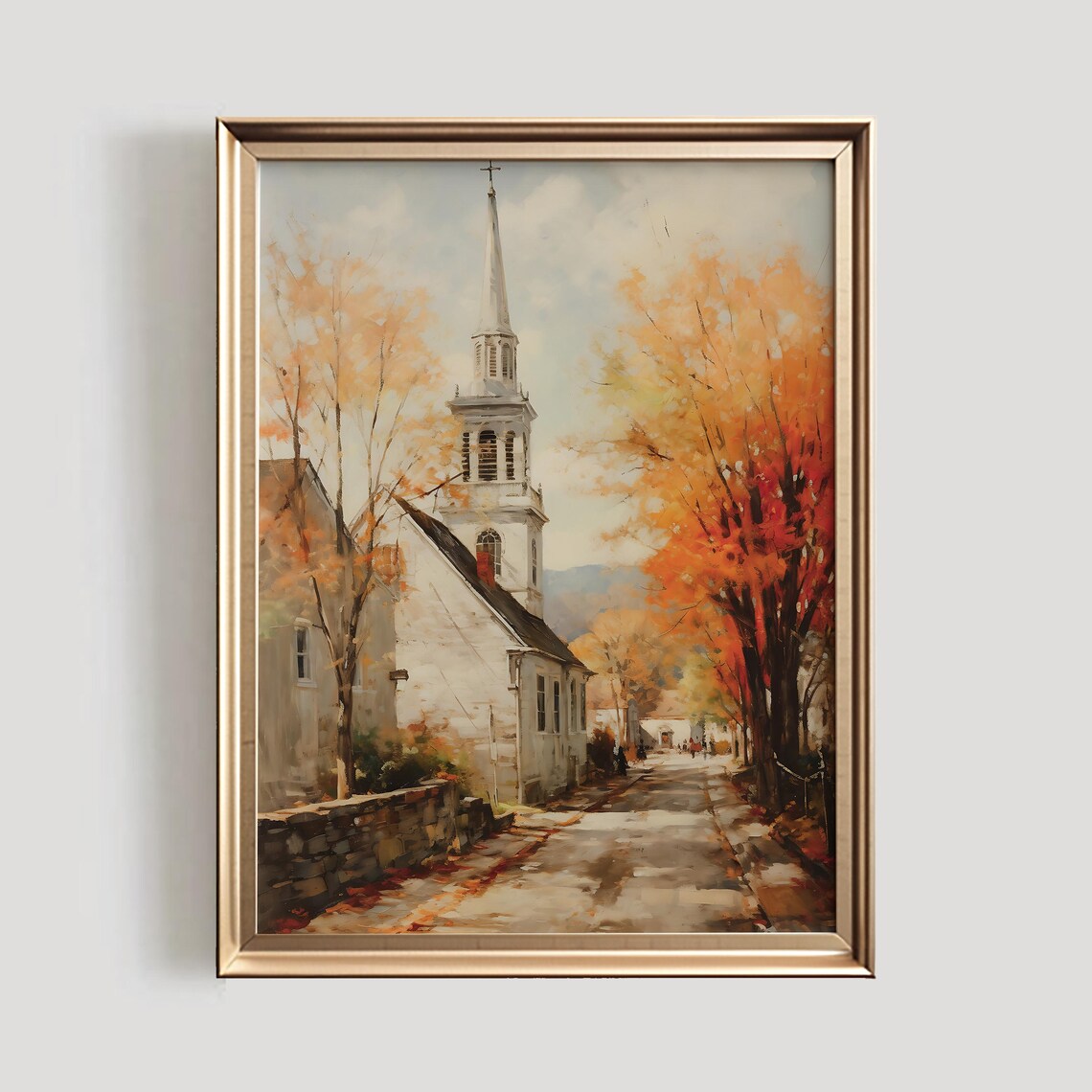 Autumn Town Vintage Fall Art Print, Old Church