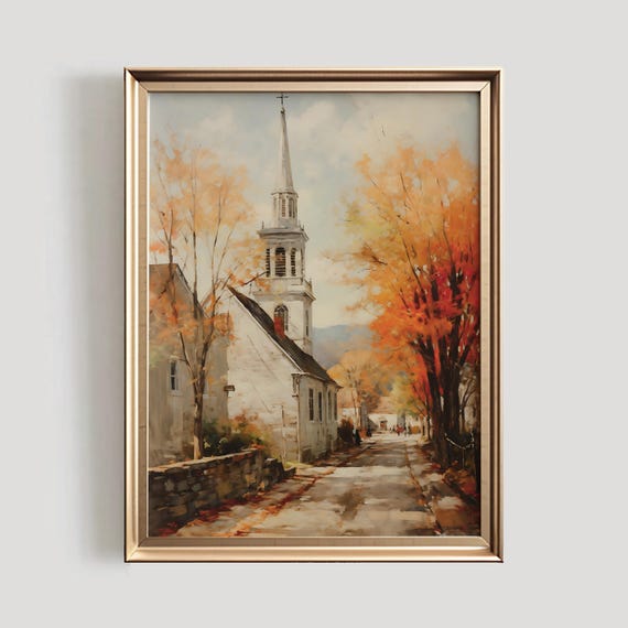 Autumn Town Vintage Fall Art Print, Old Church