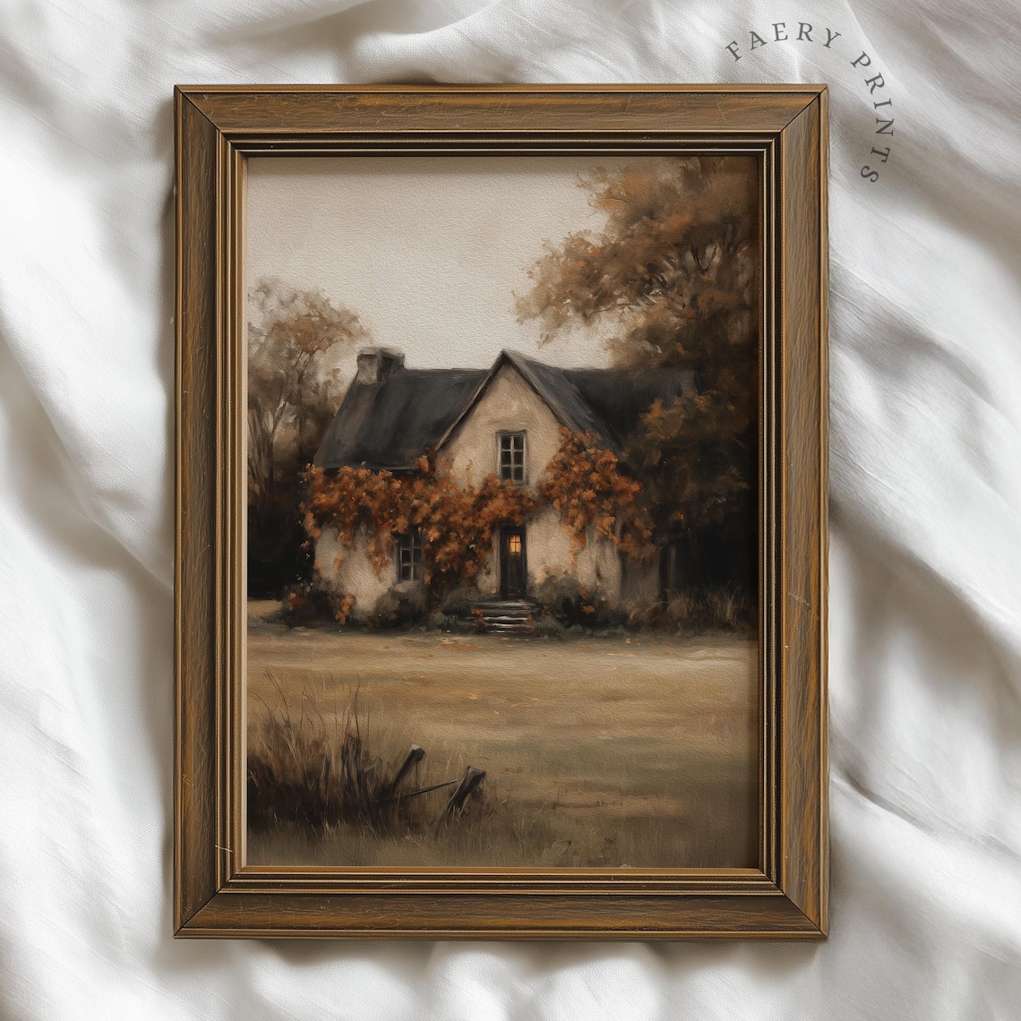 Fall Cottage Art Print, Vintage Farmhouse Style