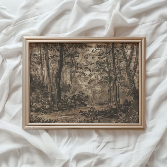 Moody Antique Landscape Art Print, Vintage Woodland