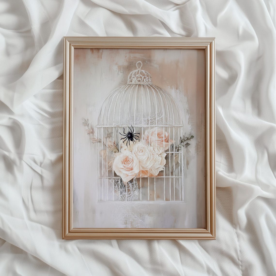 White Birdcage Blush Roses Spider Web Gothic Romance Art Poster - Image 3