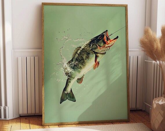 Vintage Bass Fishing Poster, Cabin Wall Decor