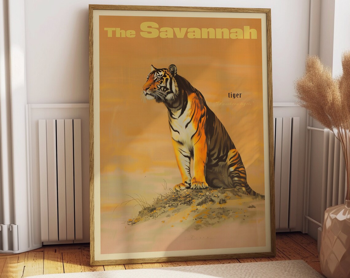 Vintage Tiger Sitting Savannah Wildlife Art Poster Retro Gift