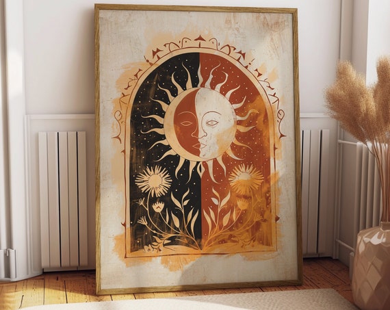 Sun Folk Art Poster, Botanical Rose Boho Print