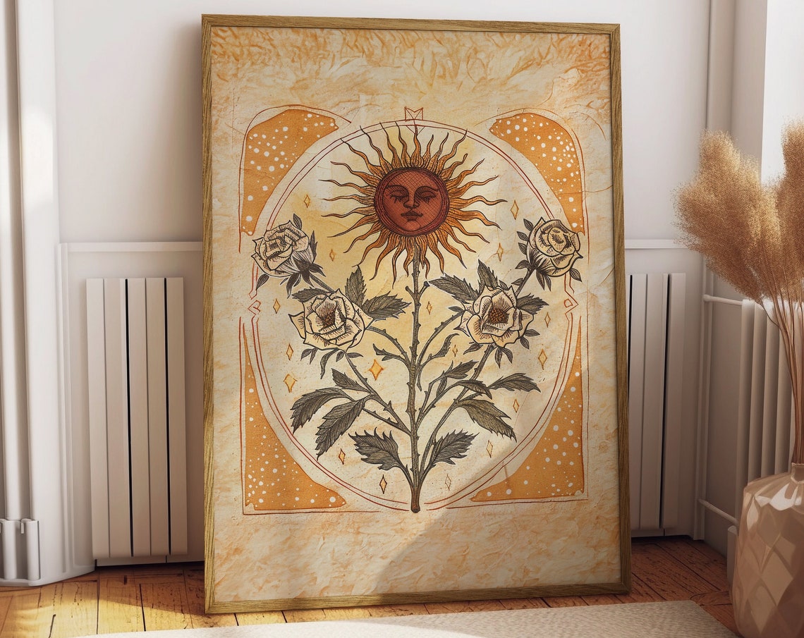 Sun Art Poster, Boho Botanical Rose Art Print