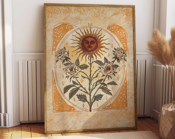 Sun Art Poster, Boho Botanical Rose Art Print