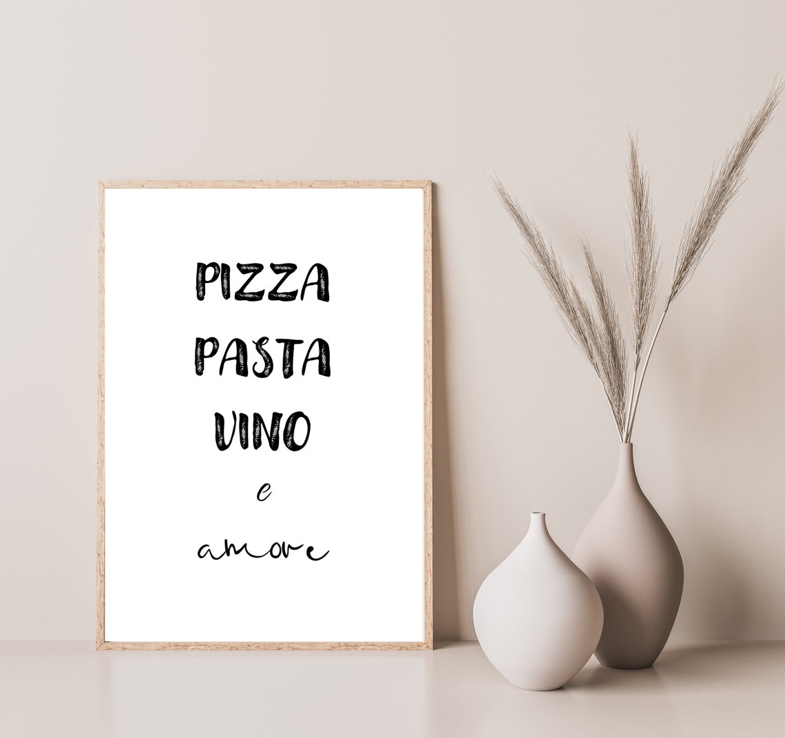 Pizza Pasta Vino E Amore Playful Hand Lettered Kitchen Poster