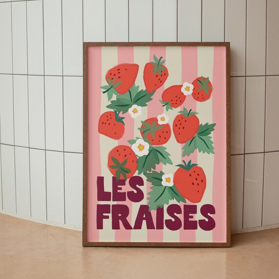 Strawberry Art Retro Fruit Print Pink Strawberry Wall Art Cute Kitchen Decor Les Fraises Print Pink Red Aesthetic Room Decor