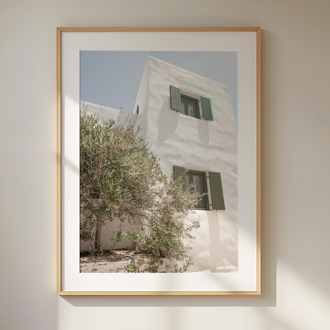 White Greek Building Green Shutters Olive Tree Travel Poster