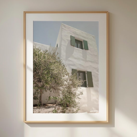 Green White Greece Art Olive Tree Print Greek Building Art Print White And Green Decor Neutral Mediterranean Wall Art