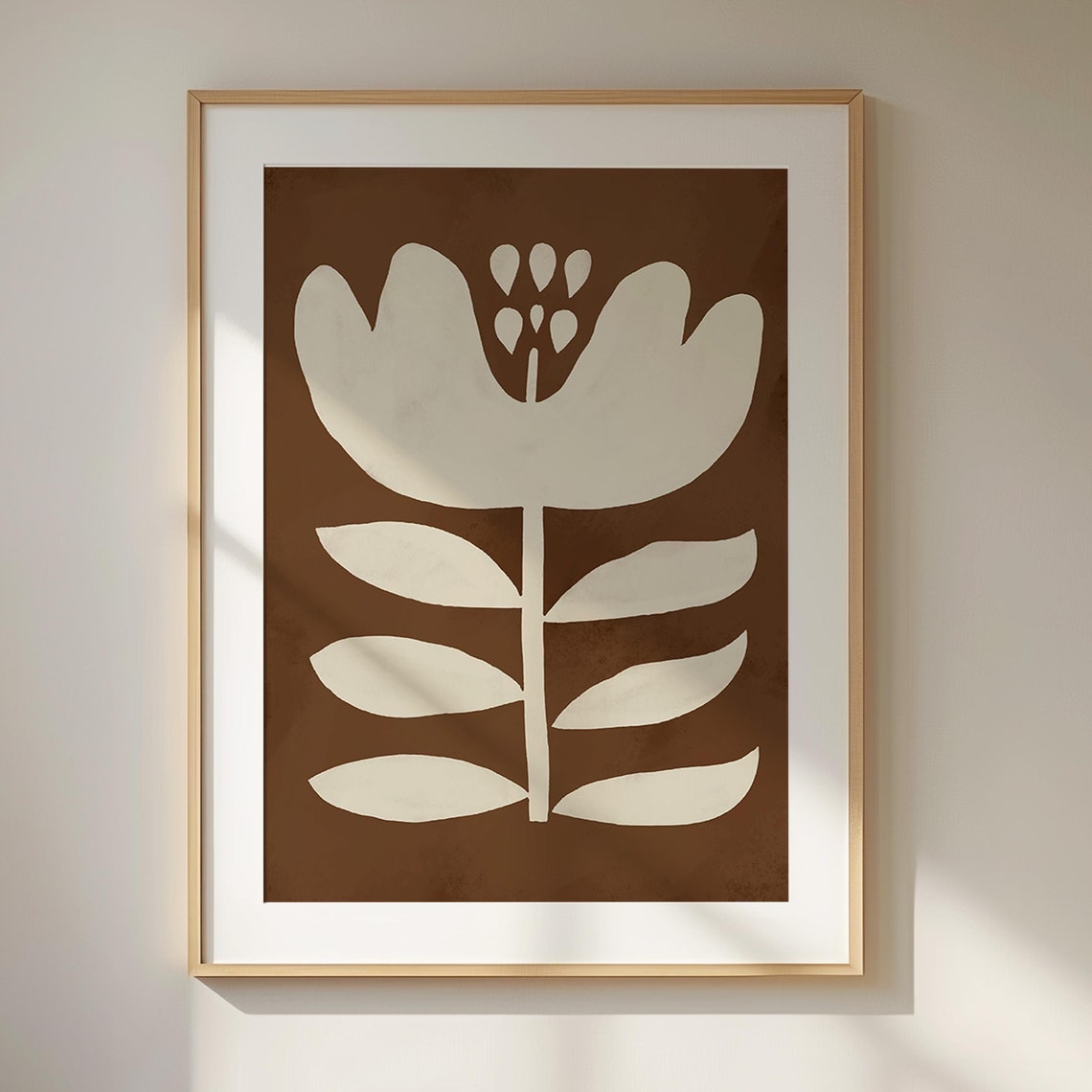 Cream Bloom Rust Brown Background Modern Abstract Floral Art Poster