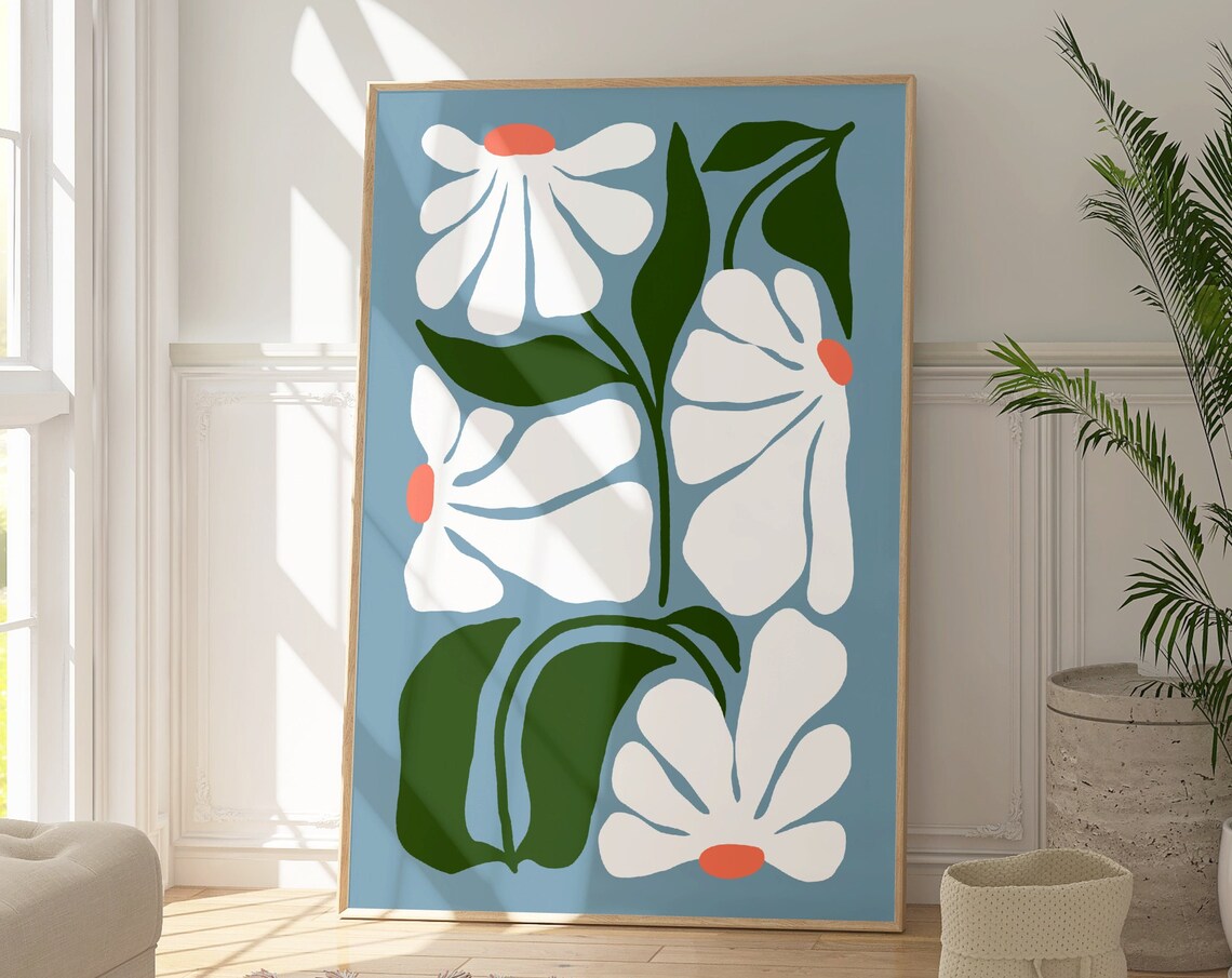 Blue Abstract Daisy Botanical Flower Art Print