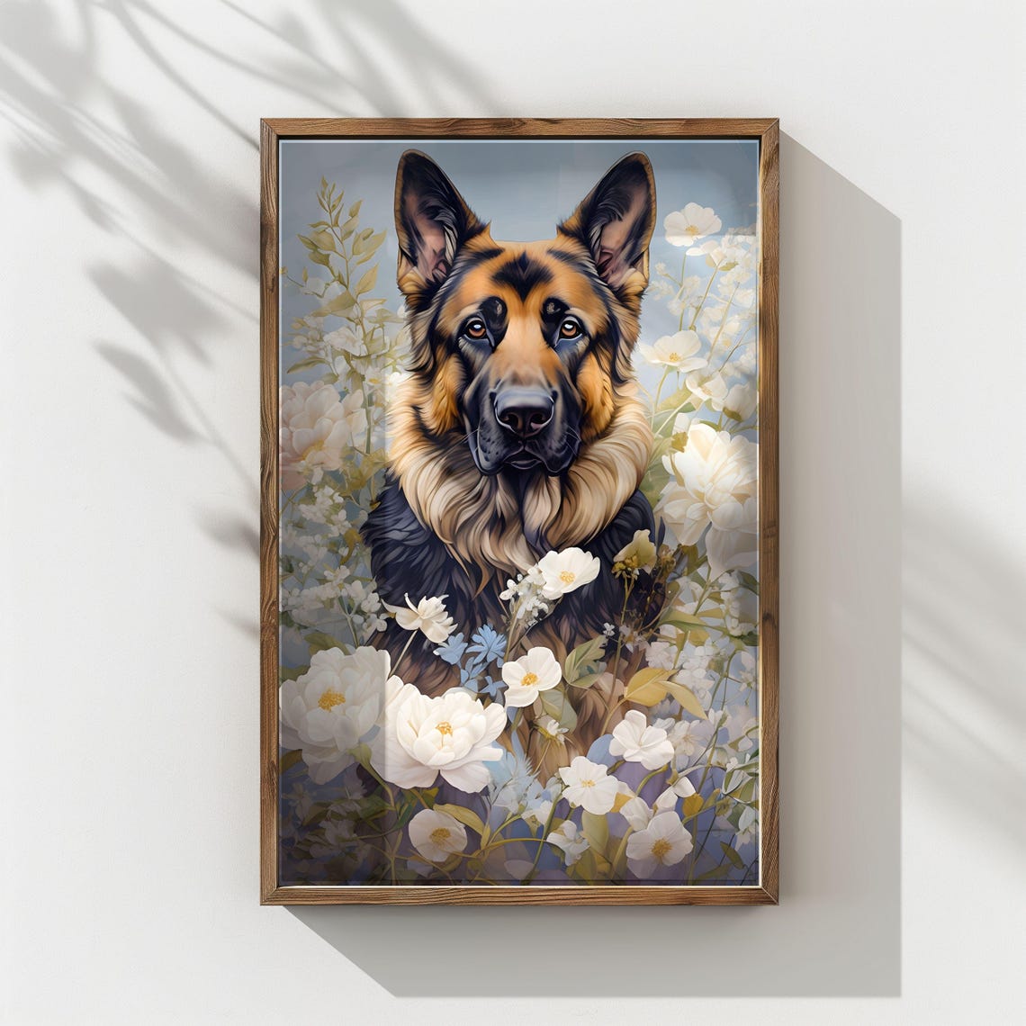 German Shepherd Dog White Flowers Garden Pet Portrait Poster