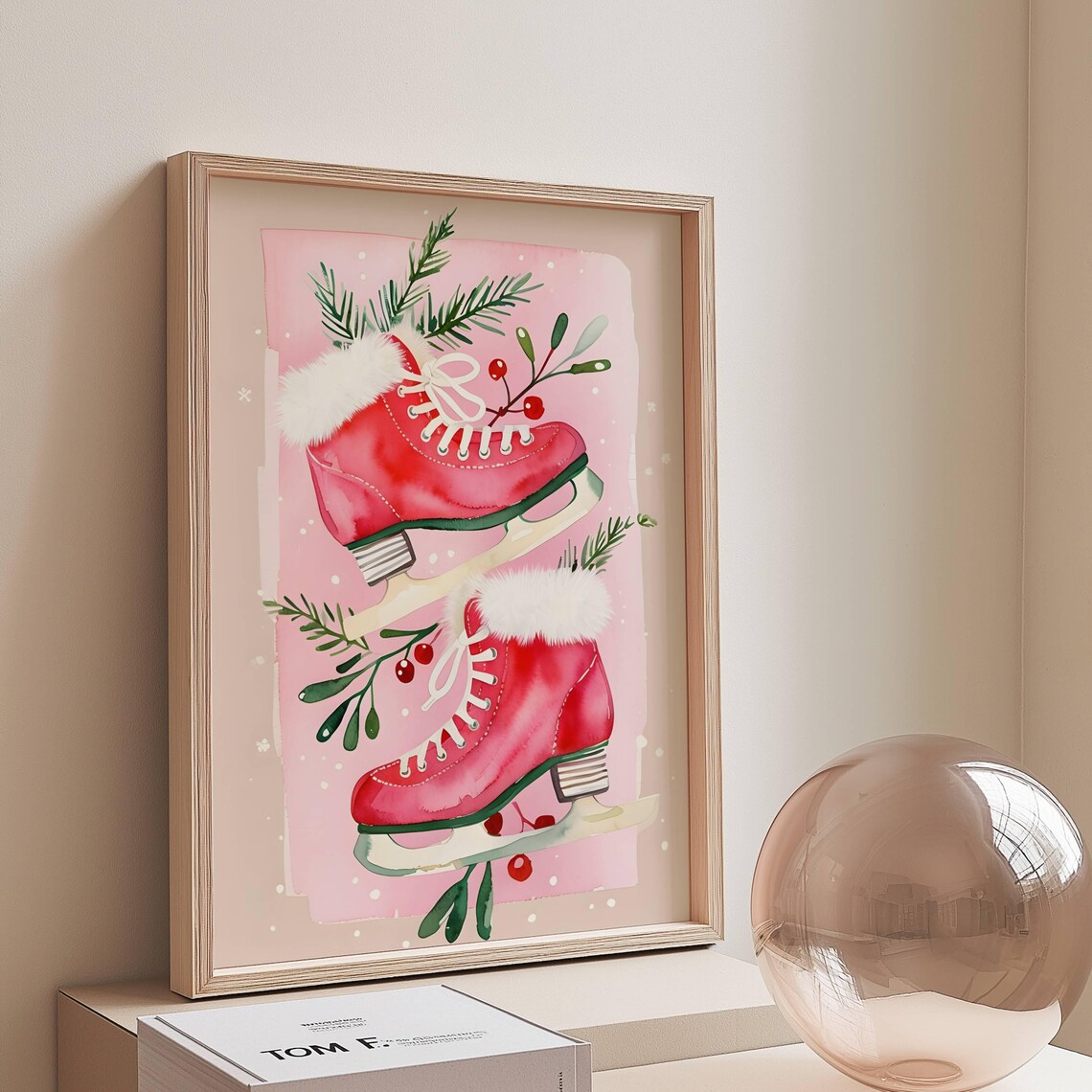 Pink Ice Skates Watercolor Whimsical Christmas Winter Art Poster