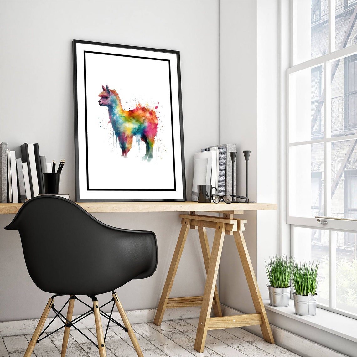 Rainbow Watercolor Alpaca Portrait Splash Paint Wildlife Art Print - Image 3