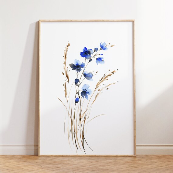 Blue Wildflower Watercolor Spring Botanical Minimalist Art Print