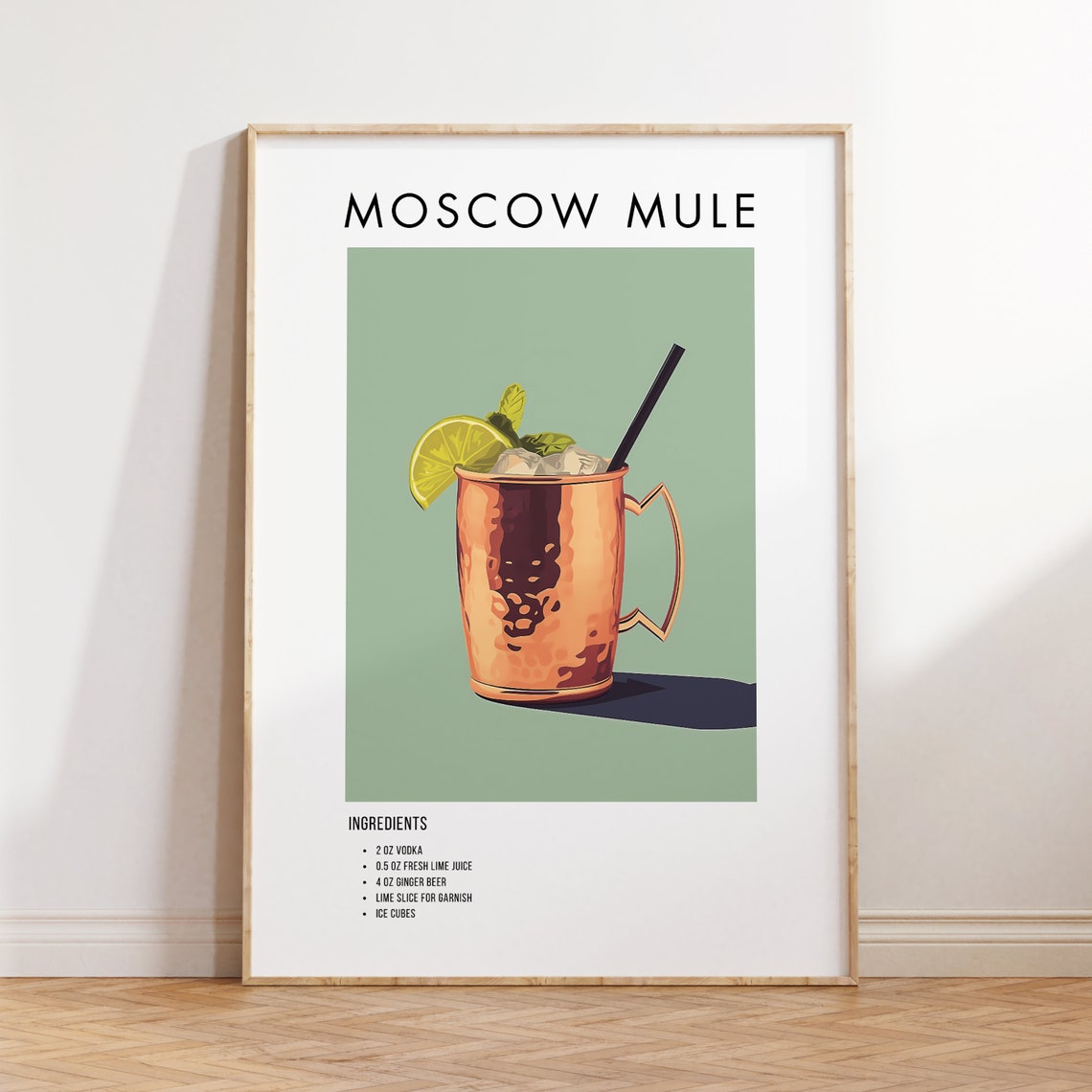 Moscow Mule Copper Mug Classic Cocktail Recipe Poster for Bar Decor
