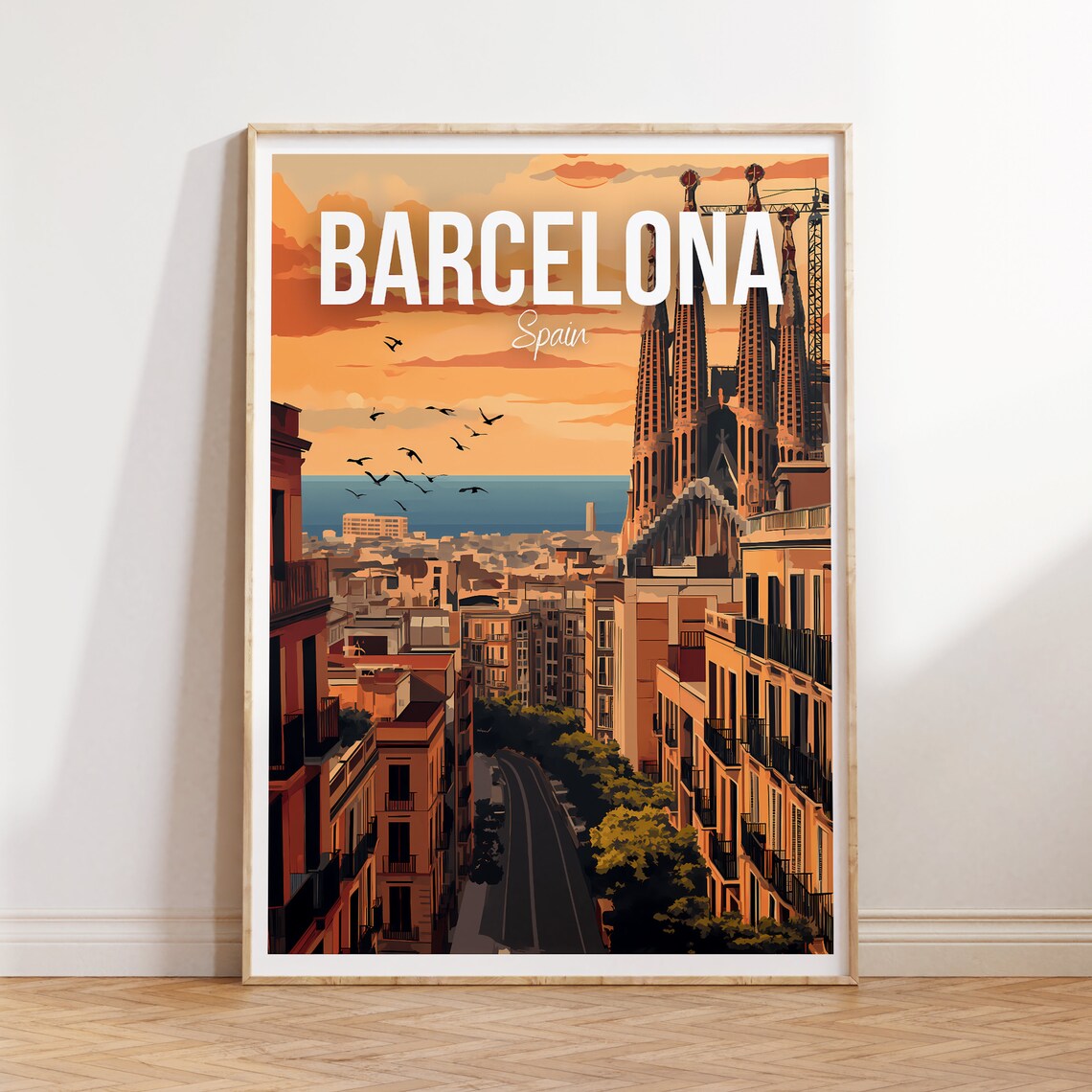 Barcelona Spain Sagrada Familia Spires Sunset Street Travel Poster
