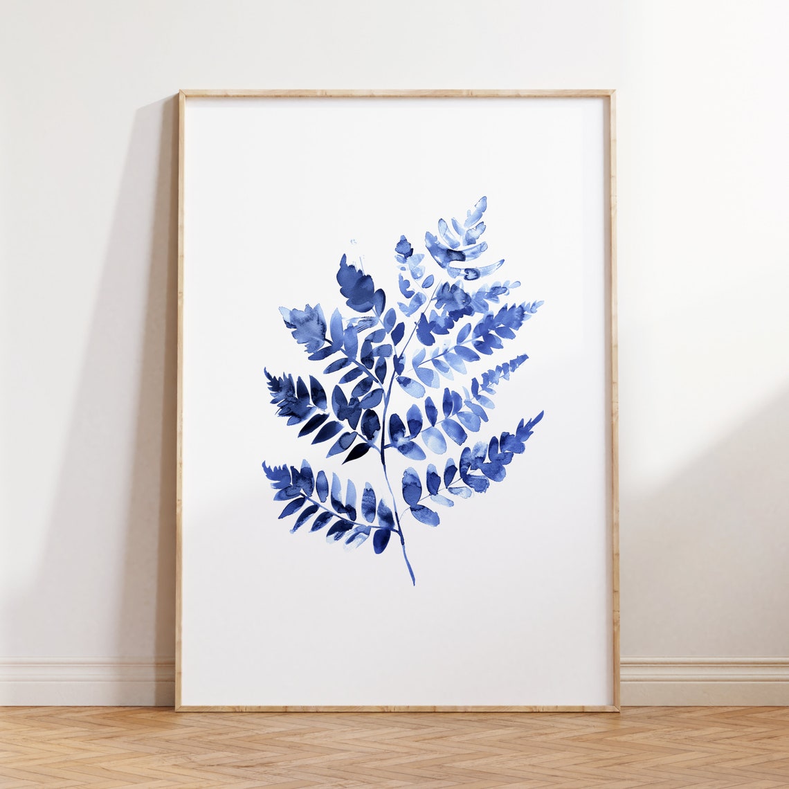 Blue Fern Watercolor Fronds Soft Minimalist Botanical Art Poster