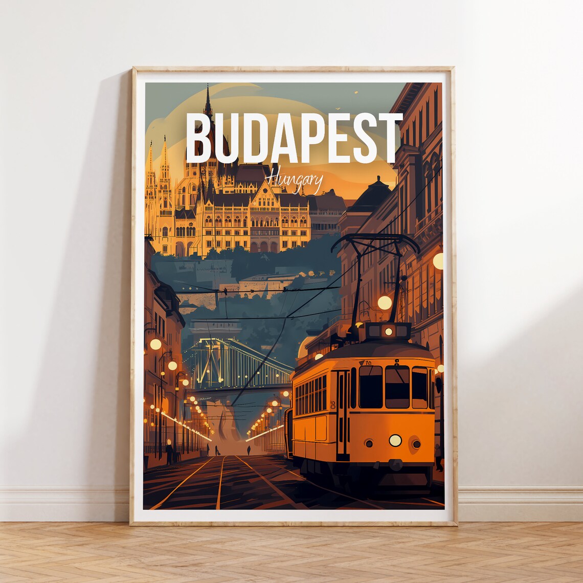 Budapest Hungary Night Tram Parliament Bridge Lights Travel Poster