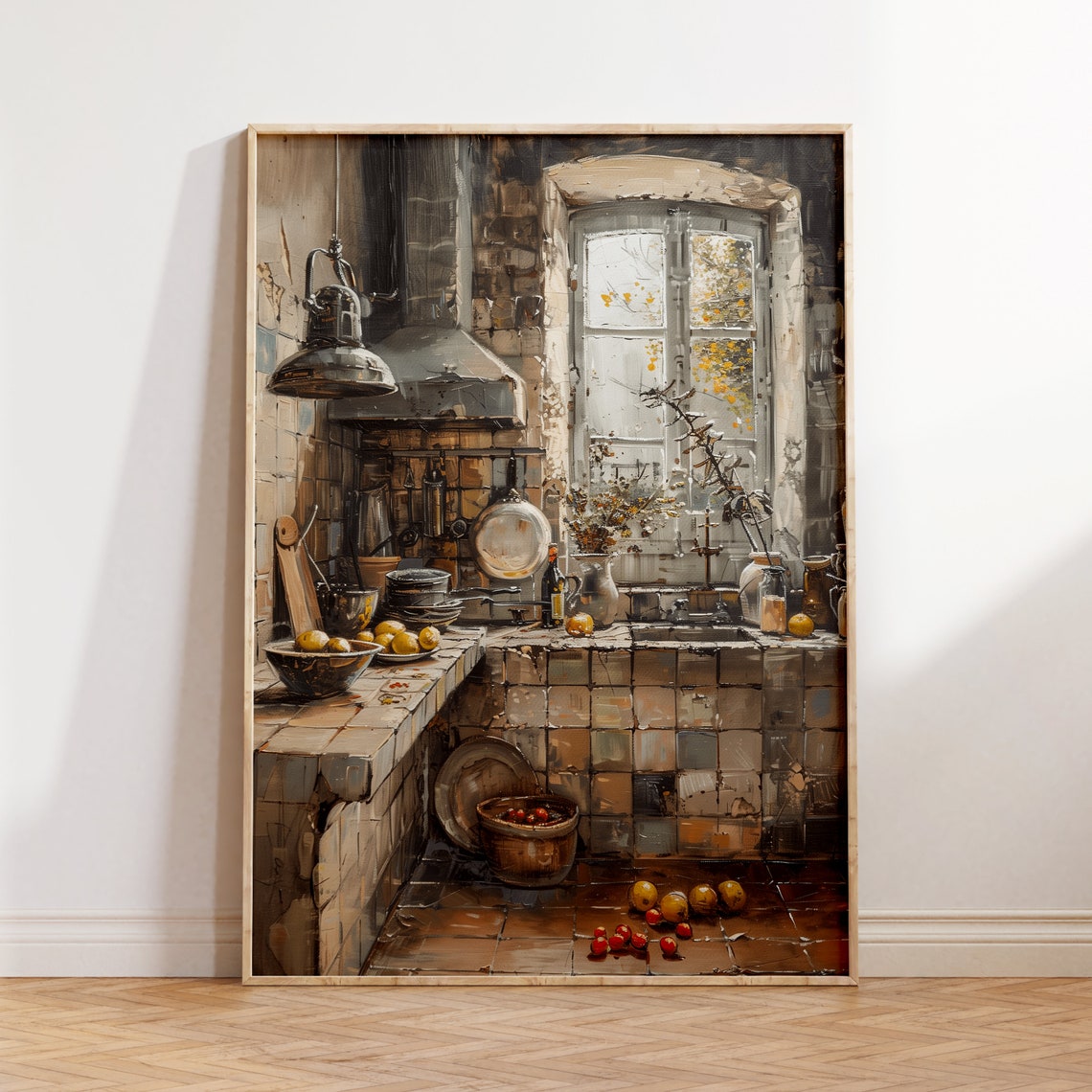 Rustic Kitchen Interior Oil Painting Old Farmhouse Tiled Hearth Poster