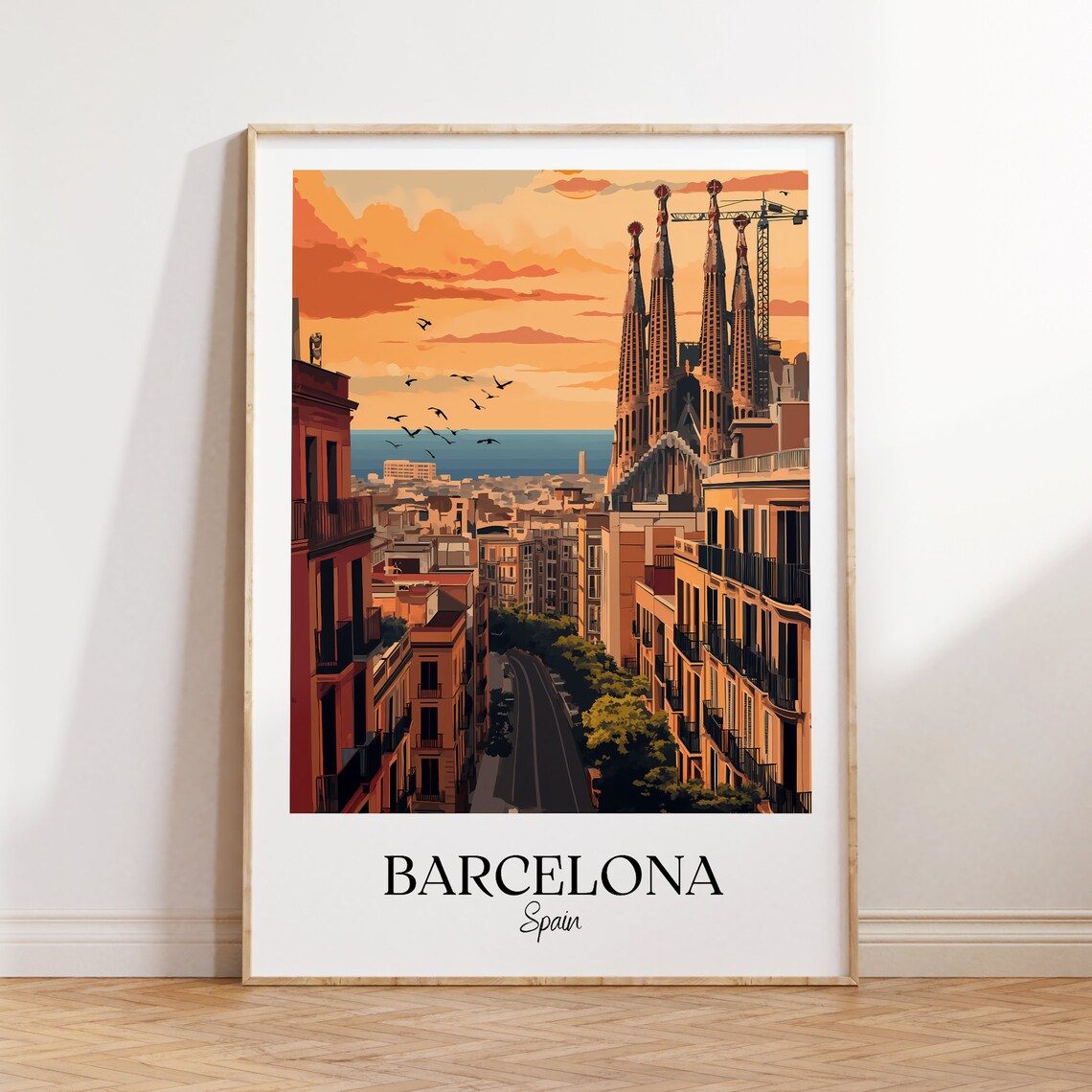 Barcelona Spain Sagrada Familia Old Street Sunset Travel Poster