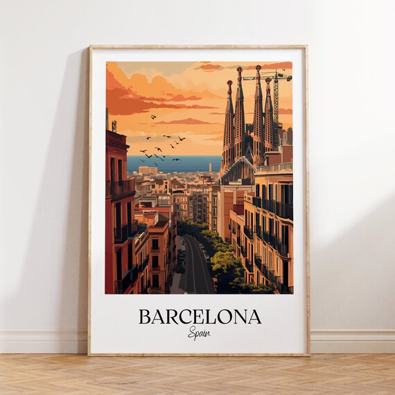 Barcelona Spain Sagrada Familia Old Street Sunset Travel Poster