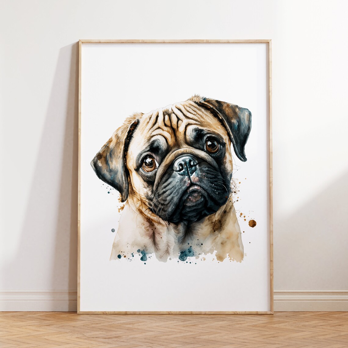 Pug Watercolor Portrait Wrinkled Face Dog Breed Minimalist Art Poster