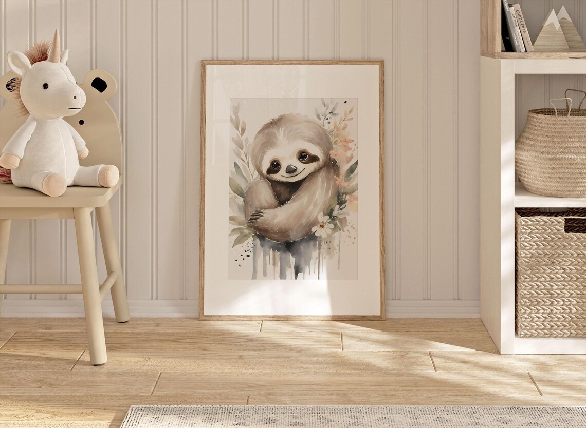 Sweet Sloth Watercolor Nursery Portrait With Wildflowers Poster - Image 2