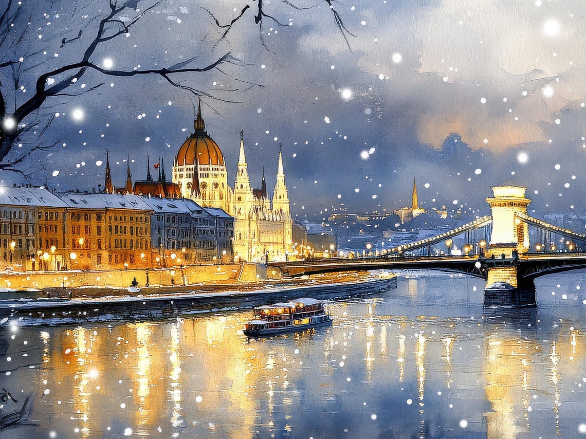 Budapest Hungary Parliament Chain Bridge Snowy Evening Poster