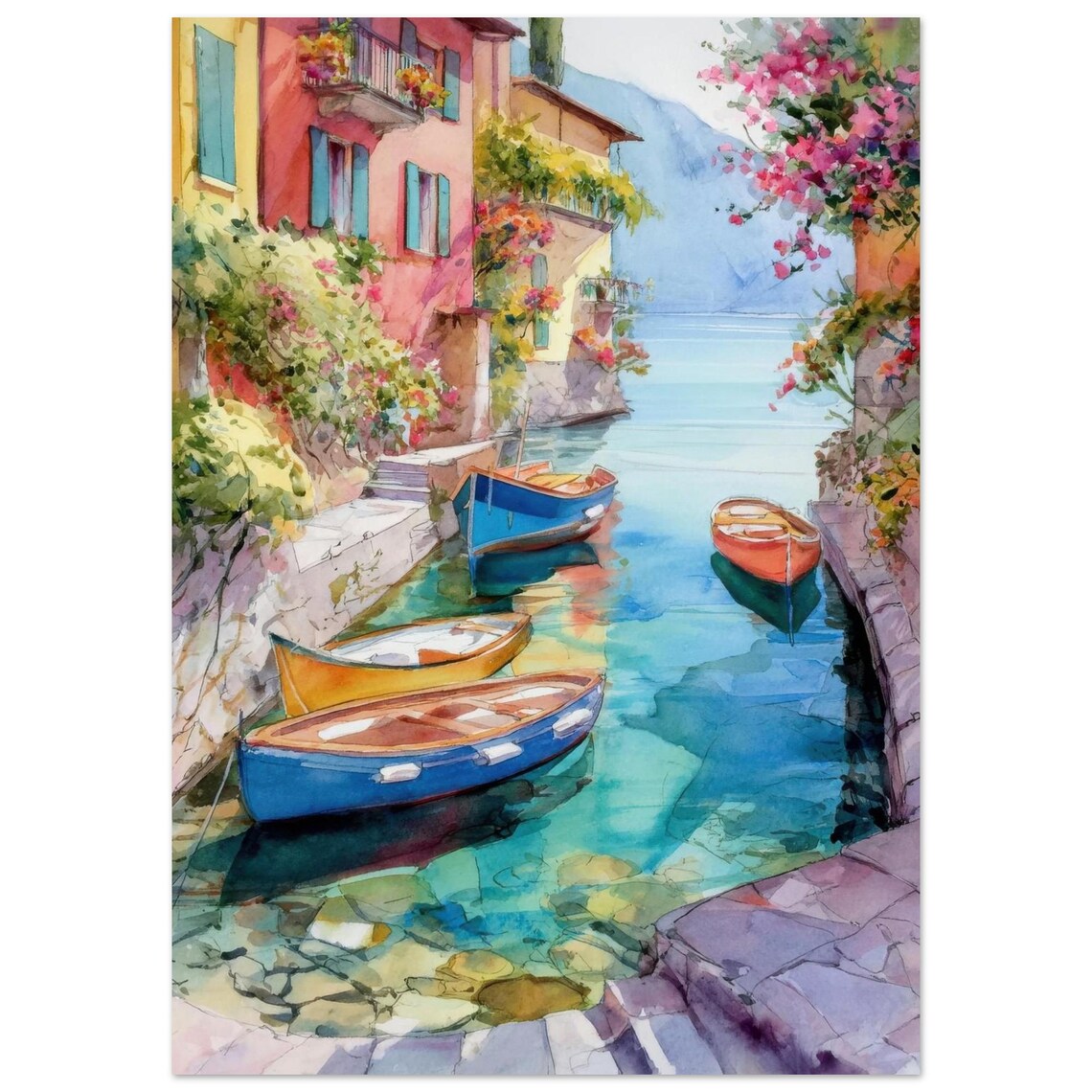Limone Sul Garda Harbor Watercolor Art Print