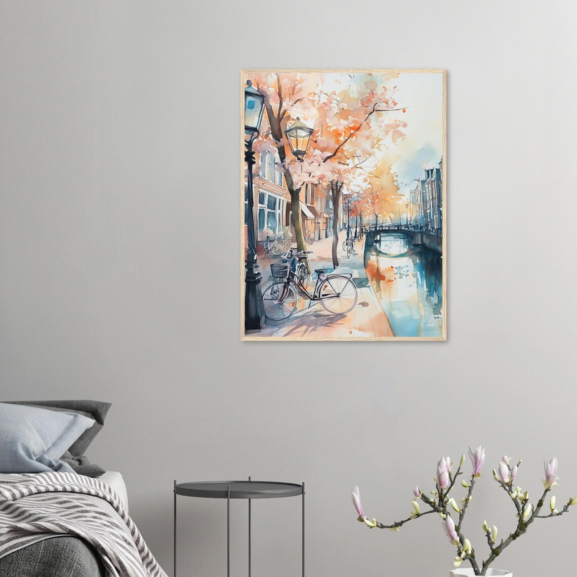 Amsterdam Canal Watercolor Bikes Bridge Blossom Trees Street View Poster - Image 3