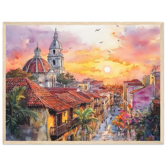 Cartagena Colombia Colonial City Sunset Watercolor Travel Art Poster
