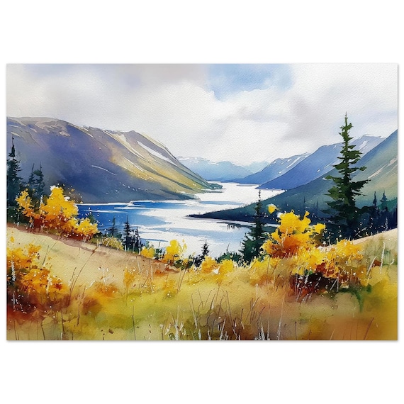 Canadian Rockies Autumn Lake Mountain Watercolor Landscape Poster