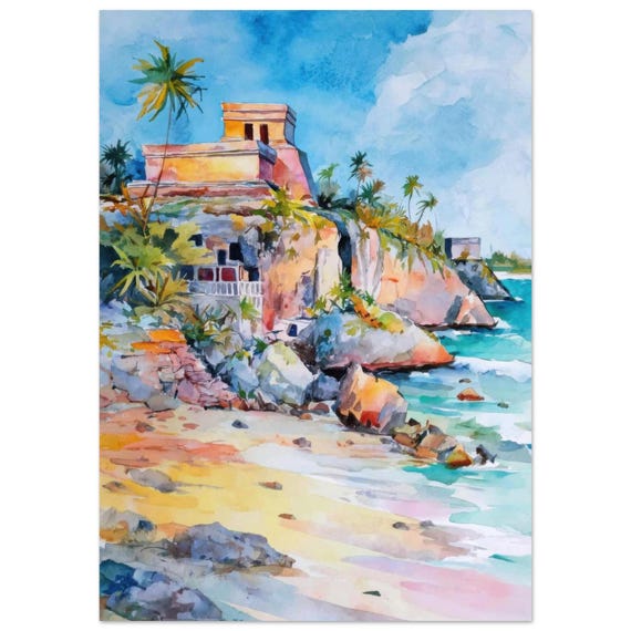 Tulum Mayan Ruins Watercolor Painting Print Mexico Coastal Wall Art Caribbean Beach Decor Tropical Travel By Nataliaayuart