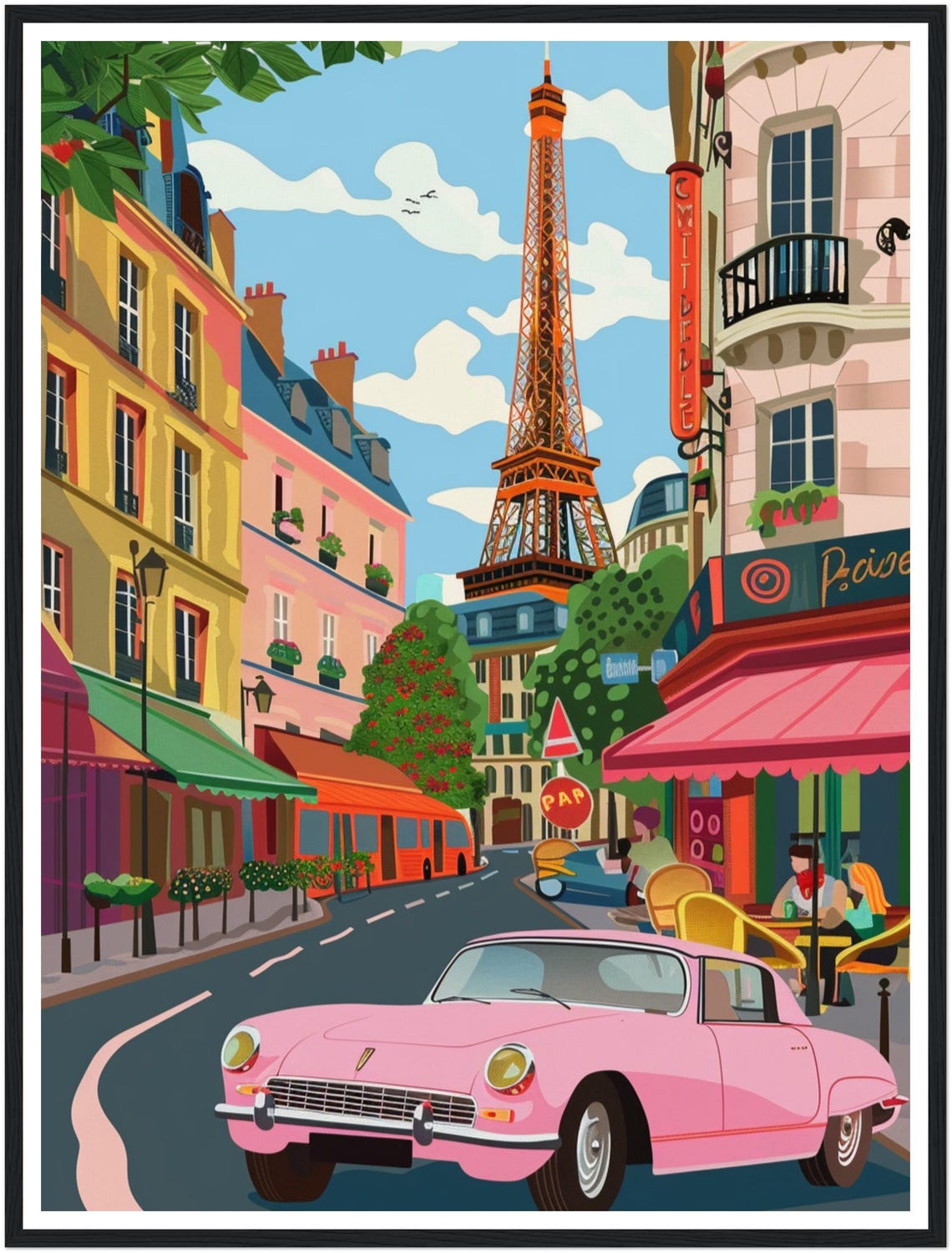 Paris Street Eiffel Tower Pink Vintage Car Travel Art Poster - Image 2