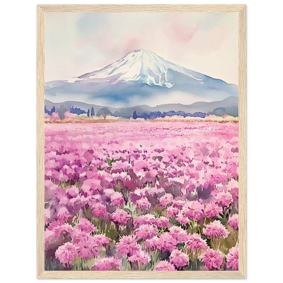 Mount Fuji Pink Moss Flowers Japan Watercolor Landscape Art Poster