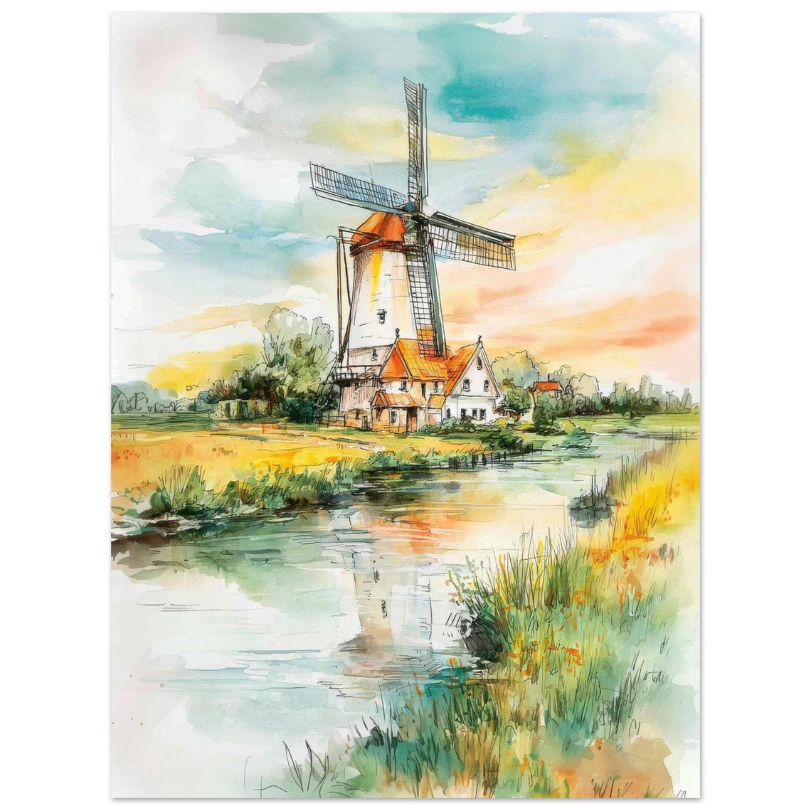 Kinderdijk Windmill Watercolor Dutch Canal Golden Sunset Poster