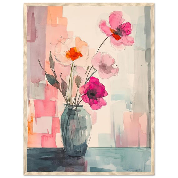 Abstract Floral Watercolor Painting Print Poppies In Vase Wall Art Nbright Artwork Bold Colors By Nataliaayuart