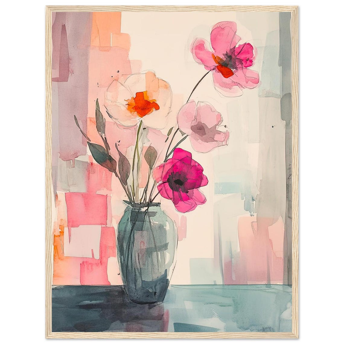 Poppies In Vase Watercolor Pink Blooms Modern Floral Art Poster